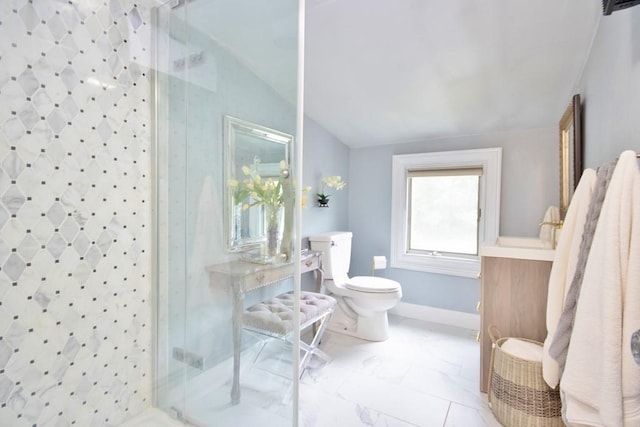 3454 State Route 208, Campbell Hall, NY 10916 - bathroom with a stall shower, lofted ceiling, toilet, and baseboards