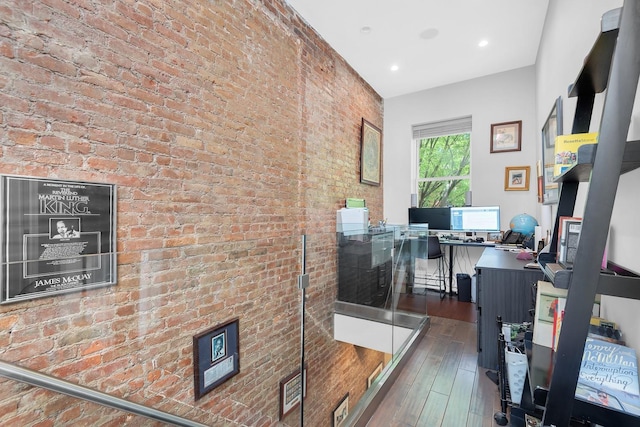 459 Vanderbilt Ave, Brooklyn, NY 11238 - office space featuring wood-type flooring, brick wall, and recessed lighting