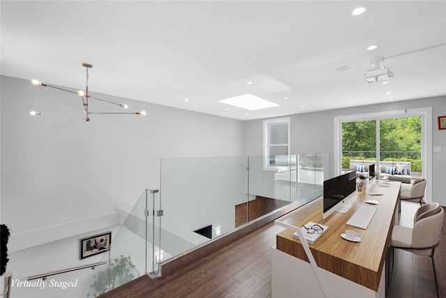 459 Vanderbilt Ave, Brooklyn, NY 11238 - office space with hardwood / wood-style floors, recessed lighting, a skylight, and a chandelier