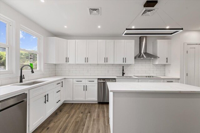 559 Linda Ln, Woodmere, NY 11598 - kitchen featuring stainless steel dishwasher, wall chimney exhaust hood, a sink, and recessed lighting