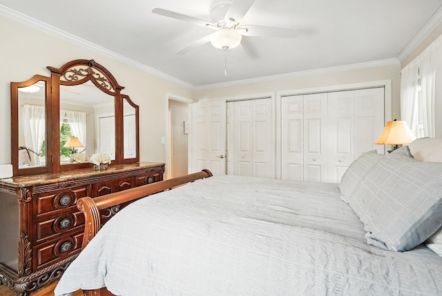 114 Longview Ave, White Plains, NY 10605 - bedroom with two closets, crown molding, and ceiling fan