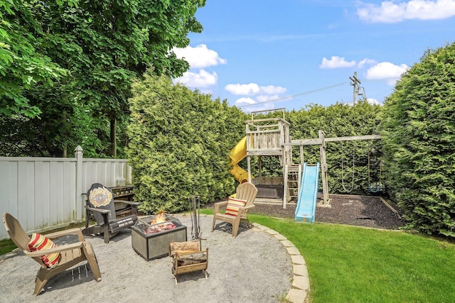114 Longview Ave, White Plains, NY 10605 - view of patio / terrace featuring a fire pit and a playground