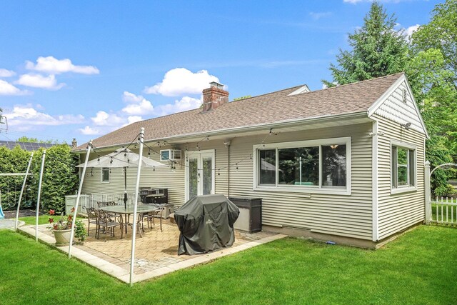 114 Longview Ave, White Plains, NY 10605 - rear view of property with french doors, a chimney, a patio area, and roof with shingles