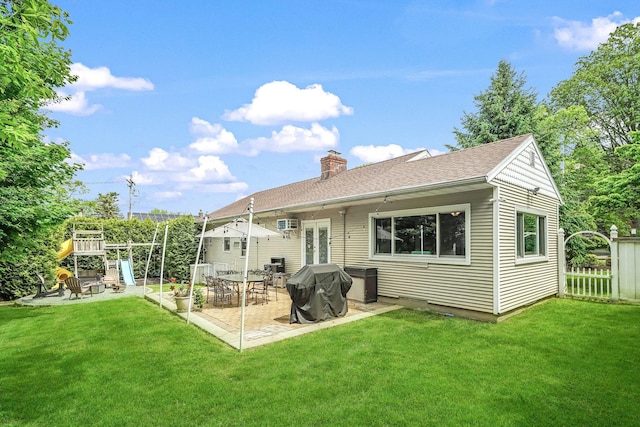 114 Longview Ave, White Plains, NY 10605 - rear view of property featuring a patio, a chimney, a playground, and french doors