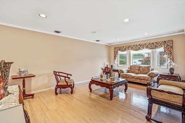 48 Fairfield Dr, Dix Hills, NY 11746 - living room with ornamental molding, light wood-style flooring, recessed lighting, and baseboards