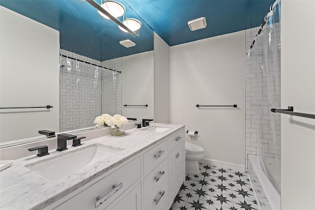 41 Boulder Ridge Rd, Scarsdale, NY 10583 - full bathroom featuring toilet, double vanity, shower / washtub combination, and baseboards