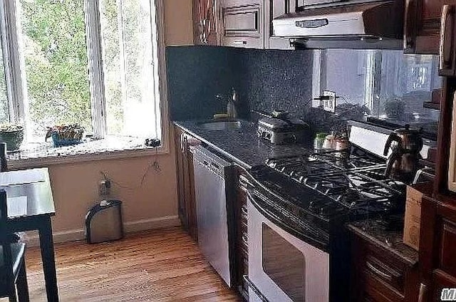 569 Peninsula Blvd, Cedarhurst, NY 11516 - kitchen featuring stainless steel appliances, baseboards, exhaust hood, light wood-type flooring, and a sink