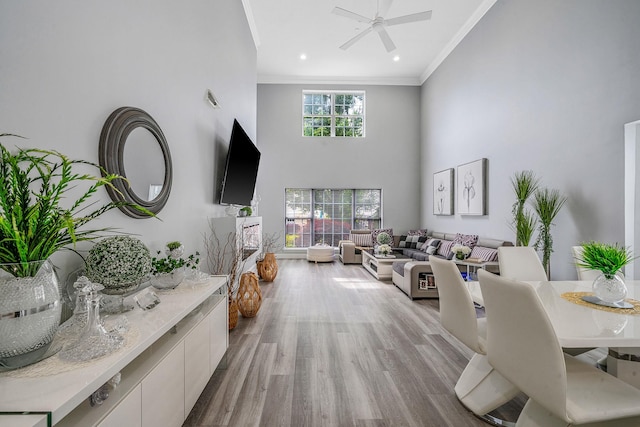 4 Cari Ln, Middle Island, NY 11953 - living room with crown molding, light wood-type flooring, a ceiling fan, a towering ceiling, and recessed lighting