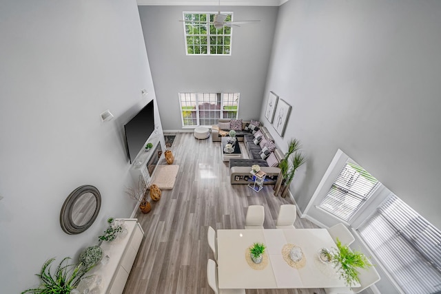 4 Cari Ln, Middle Island, NY 11953 - living room featuring a high ceiling, wood finished floors, ceiling fan, and baseboards