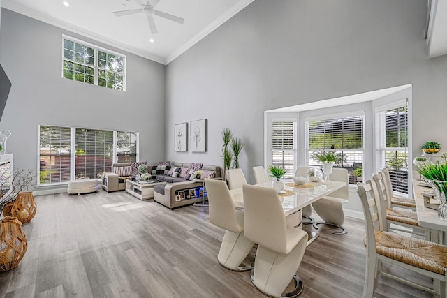 4 Cari Ln, Middle Island, NY 11953 - dining area with a towering ceiling, ornamental molding, ceiling fan, and wood finished floors