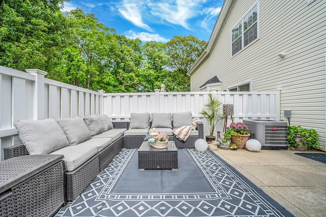 4 Cari Ln, Middle Island, NY 11953 - fenced backyard featuring an outdoor living space, central air condition unit, and a patio area