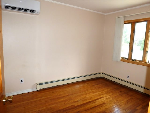 4010 Heywood Rd, Seaford, NY 11783 - empty room with a wall mounted AC, wood finished floors, ornamental molding, and baseboards