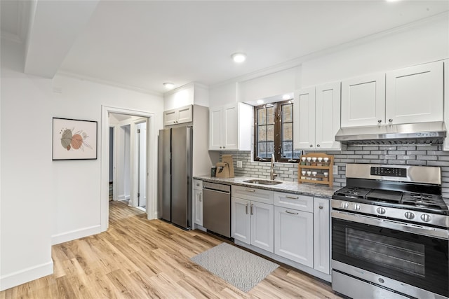 164-03 33rd Ave, Flushing, NY 11358 - kitchen featuring appliances with stainless steel finishes, under cabinet range hood, a sink, ornamental molding, and tasteful backsplash