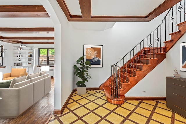 164-03 33rd Ave, Flushing, NY 11358 - stairs featuring beam ceiling and baseboards