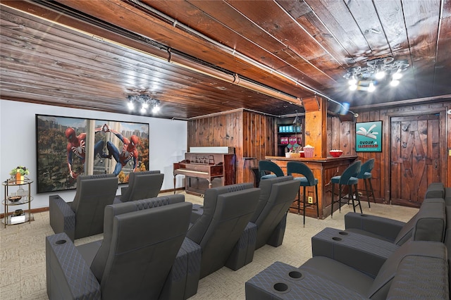164-03 33rd Ave, Flushing, NY 11358 - home theater featuring wooden ceiling, a dry bar, wood walls, and baseboards