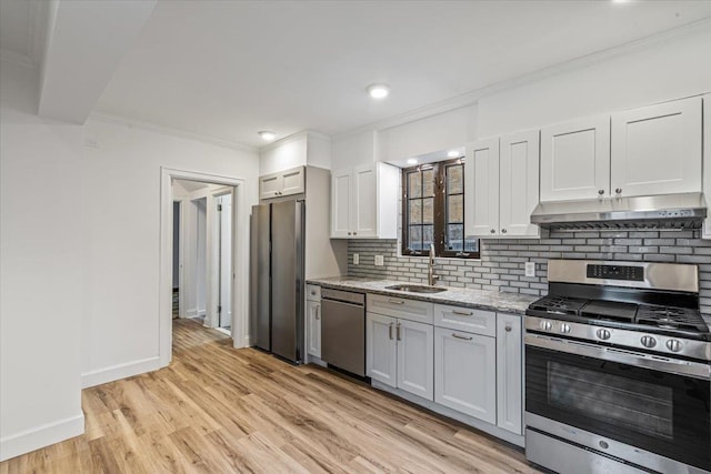 164-03 33rd Ave, Flushing, NY 11358 - kitchen with stainless steel appliances, under cabinet range hood, a sink, crown molding, and decorative backsplash