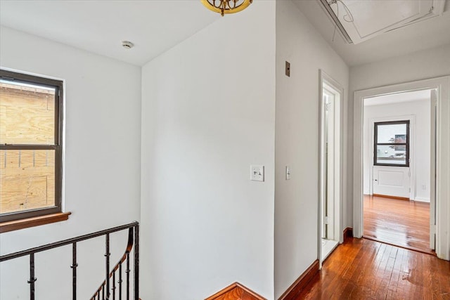 164-03 33rd Ave, Flushing, NY 11358 - hall with attic access, dark wood-style floors, an upstairs landing, and baseboards