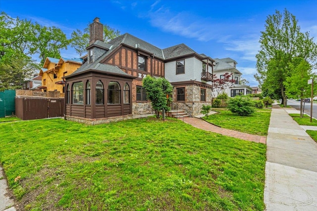 164-03 33rd Ave, Flushing, NY 11358 - back of house with a gazebo, a chimney, and stone siding