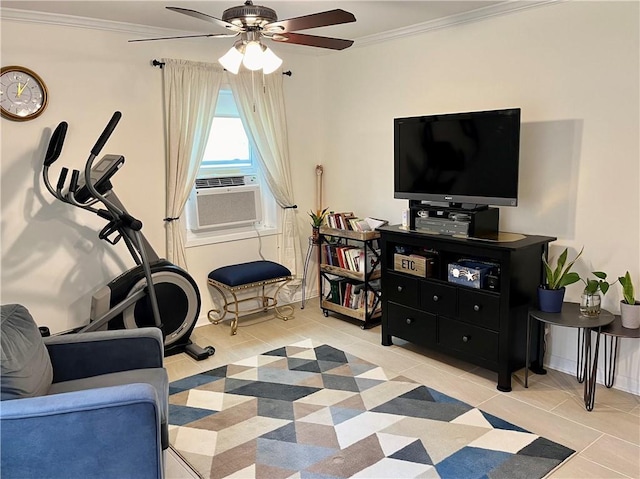 330 S Broadway Unit E2, Tarrytown, NY 10591 - living area with ceiling fan, light tile patterned floors, ornamental molding, cooling unit, and baseboards