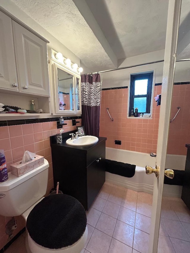 199-58 21st Ave Unit 1-165, Whitestone, NY 11357 - full bathroom featuring tile patterned floors, shower / bath combination with curtain, vanity, toilet, and tile walls