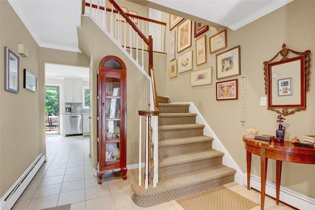 77 Barry Ln, Syosset, NY 11791 - stairway featuring a baseboard heating unit, ornamental molding, tile patterned flooring, and baseboards