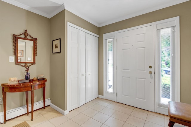 77 Barry Ln, Syosset, NY 11791 - entrance foyer with a baseboard radiator, light tile patterned floors, baseboards, and crown molding