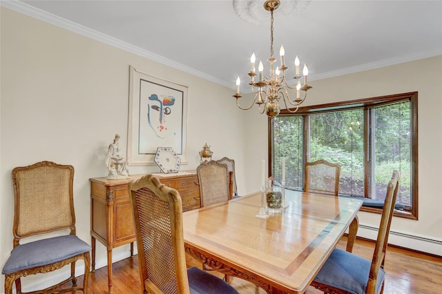 77 Barry Ln, Syosset, NY 11791 - dining area featuring a chandelier, ornamental molding, light wood-style floors, and a baseboard radiator