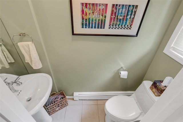 77 Barry Ln, Syosset, NY 11791 - half bathroom with tile patterned flooring, baseboard heating, a sink, toilet, and baseboards