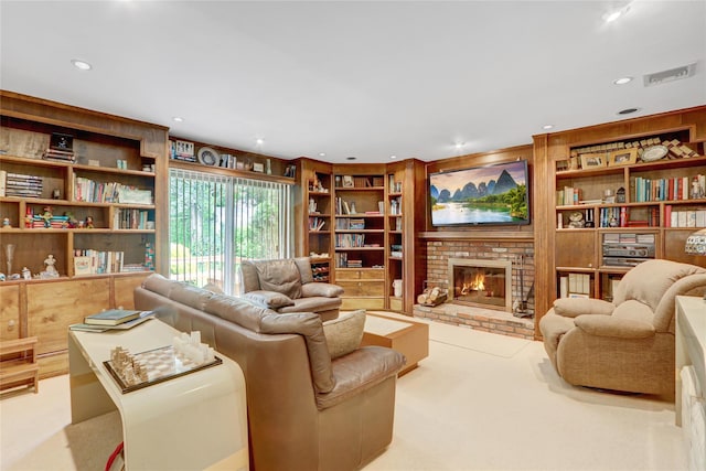 77 Barry Ln, Syosset, NY 11791 - carpeted living room with built in features, recessed lighting, and a fireplace