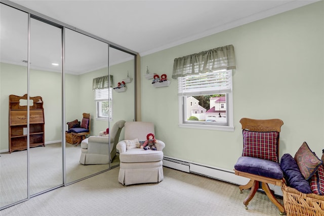 77 Barry Ln, Syosset, NY 11791 - living area with carpet floors, a baseboard heating unit, and baseboards