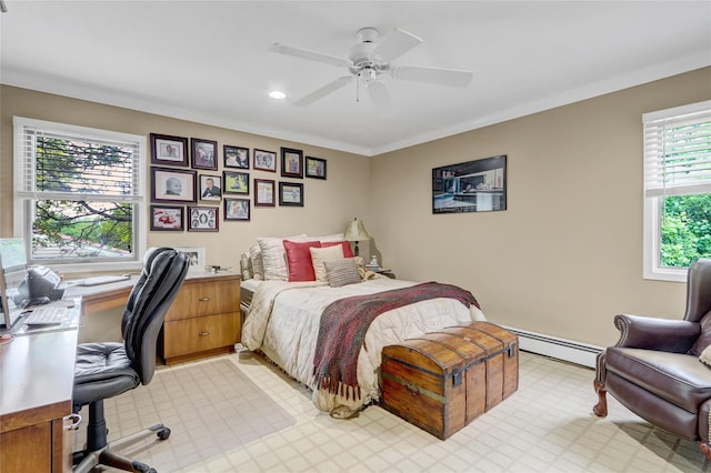 77 Barry Ln, Syosset, NY 11791 - bedroom with a baseboard radiator, a desk, recessed lighting, ceiling fan, and light flooring