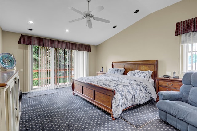 77 Barry Ln, Syosset, NY 11791 - bedroom featuring access to outside, vaulted ceiling, carpet flooring, recessed lighting, and ceiling fan