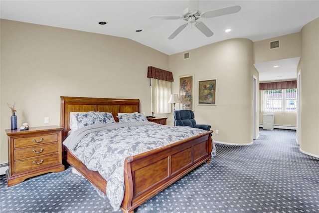 77 Barry Ln, Syosset, NY 11791 - carpeted bedroom featuring vaulted ceiling, baseboards, a baseboard radiator, ceiling fan, and recessed lighting