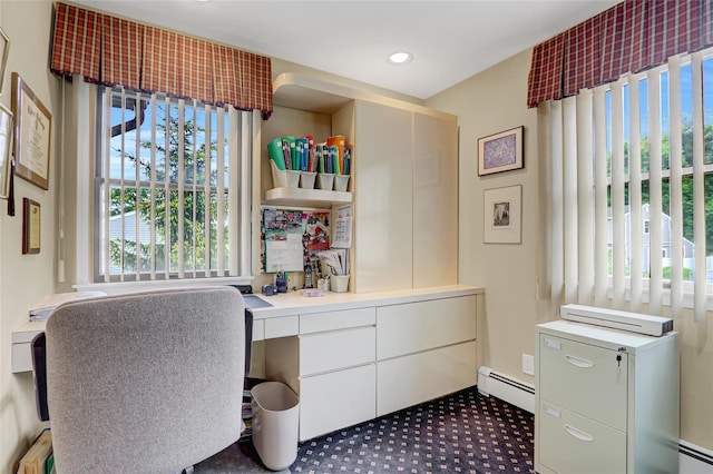 77 Barry Ln, Syosset, NY 11791 - carpeted office featuring a baseboard radiator, baseboard heating, and recessed lighting