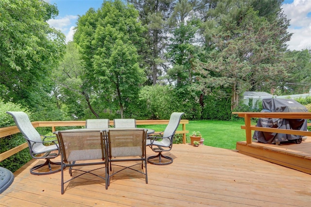 77 Barry Ln, Syosset, NY 11791 - deck with outdoor dining area, a lawn, view of scattered trees, and area for grilling
