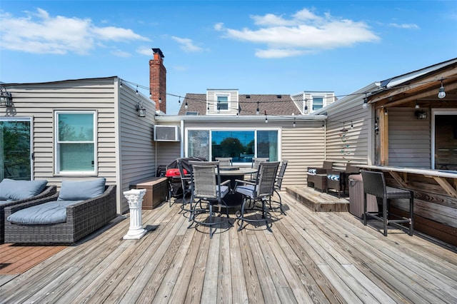 24 Raynor St, West Babylon, NY 11704 - wooden deck featuring outdoor dining area and a wall mounted air conditioner
