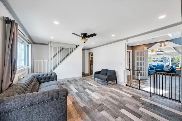 24 Raynor St, West Babylon, NY 11704 - living room featuring a ceiling fan, wood finished floors, baseboards, recessed lighting, and ornamental molding