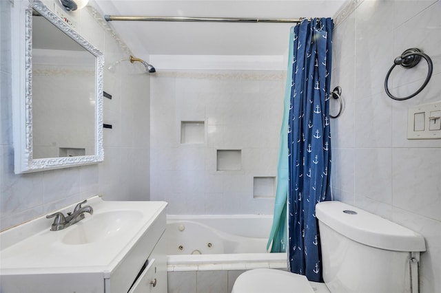 24 Raynor St, West Babylon, NY 11704 - bathroom featuring tile walls, a combined bath / shower with jetted tub, toilet, and vanity