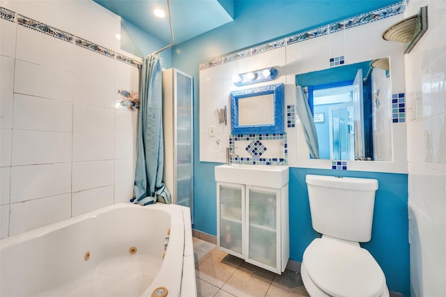 24 Raynor St, West Babylon, NY 11704 - bathroom with toilet, tile patterned floors, and a combined bath / shower with jetted tub