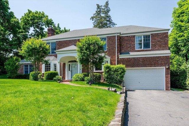 14 Pond Park Rd, Great Neck, NY 11023 - view of front of house featuring a garage, driveway, a chimney, a front yard, and brick siding