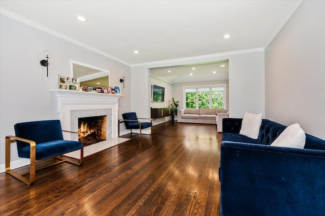 14 Pond Park Rd, Great Neck, NY 11023 - living area with wood finished floors, a high end fireplace, recessed lighting, ornamental molding, and baseboards