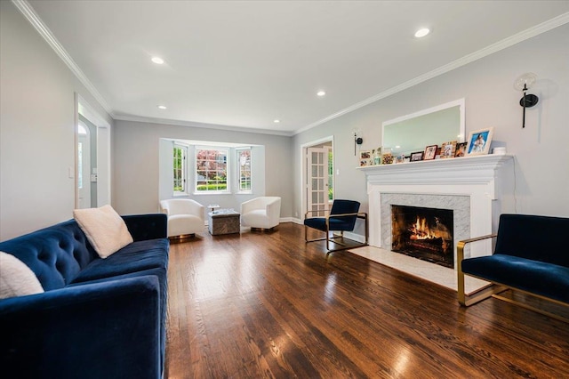 14 Pond Park Rd, Great Neck, NY 11023 - living room with wood finished floors, ornamental molding, a high end fireplace, and recessed lighting