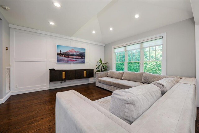 14 Pond Park Rd, Great Neck, NY 11023 - living area with dark wood-type flooring, recessed lighting, and vaulted ceiling