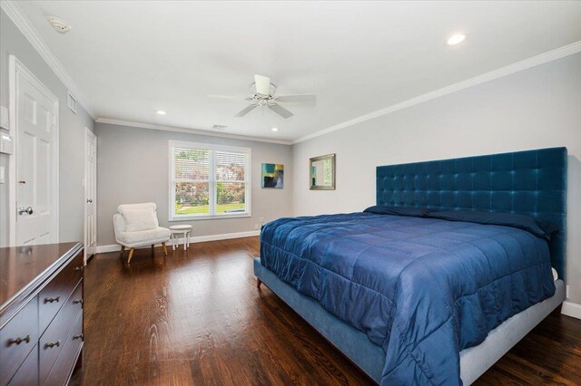 14 Pond Park Rd, Great Neck, NY 11023 - bedroom with dark wood-style flooring, baseboards, recessed lighting, ornamental molding, and a ceiling fan