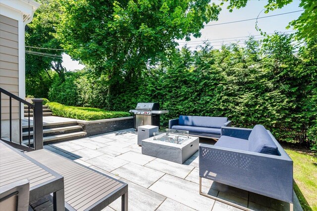 14 Pond Park Rd, Great Neck, NY 11023 - view of patio / terrace with an outdoor living space with a fire pit and a grill