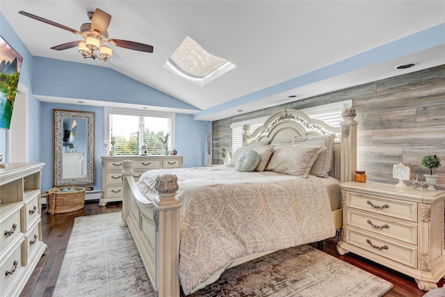224 Biltmore Blvd, Massapequa, NY 11758 - bedroom featuring vaulted ceiling, dark wood-type flooring, ceiling fan, and a skylight