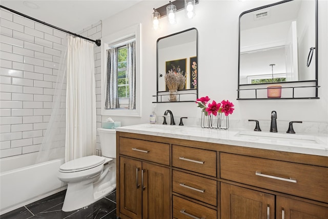 206 Brooksite Dr, Smithtown, NY 11787 - full bathroom featuring toilet, double vanity, and shower / bathtub combination with curtain