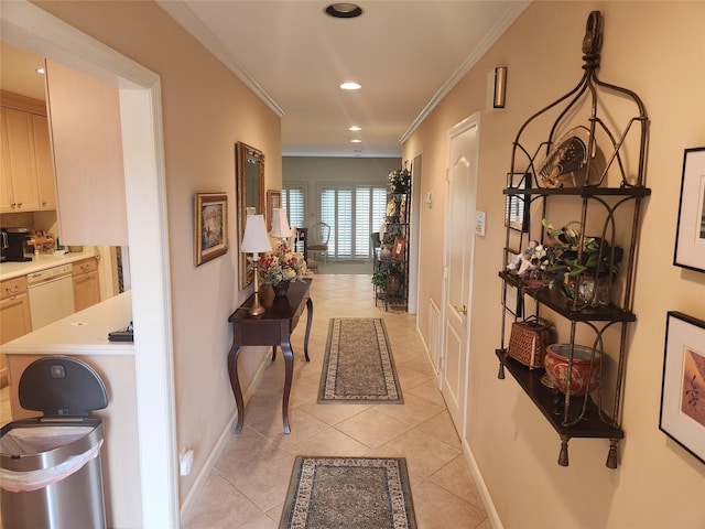 166 Southgate Cir, Massapequa Park, NY 11762 - corridor featuring light tile patterned floors, recessed lighting, ornamental molding, and baseboards
