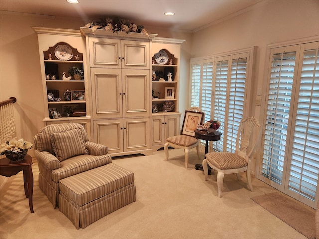 166 Southgate Cir, Massapequa Park, NY 11762 - sitting room featuring light colored carpet, crown molding, and recessed lighting