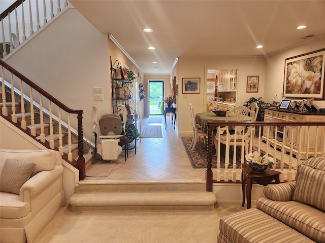 166 Southgate Cir, Massapequa Park, NY 11762 - tiled living area featuring stairway, baseboards, recessed lighting, and ornamental molding
